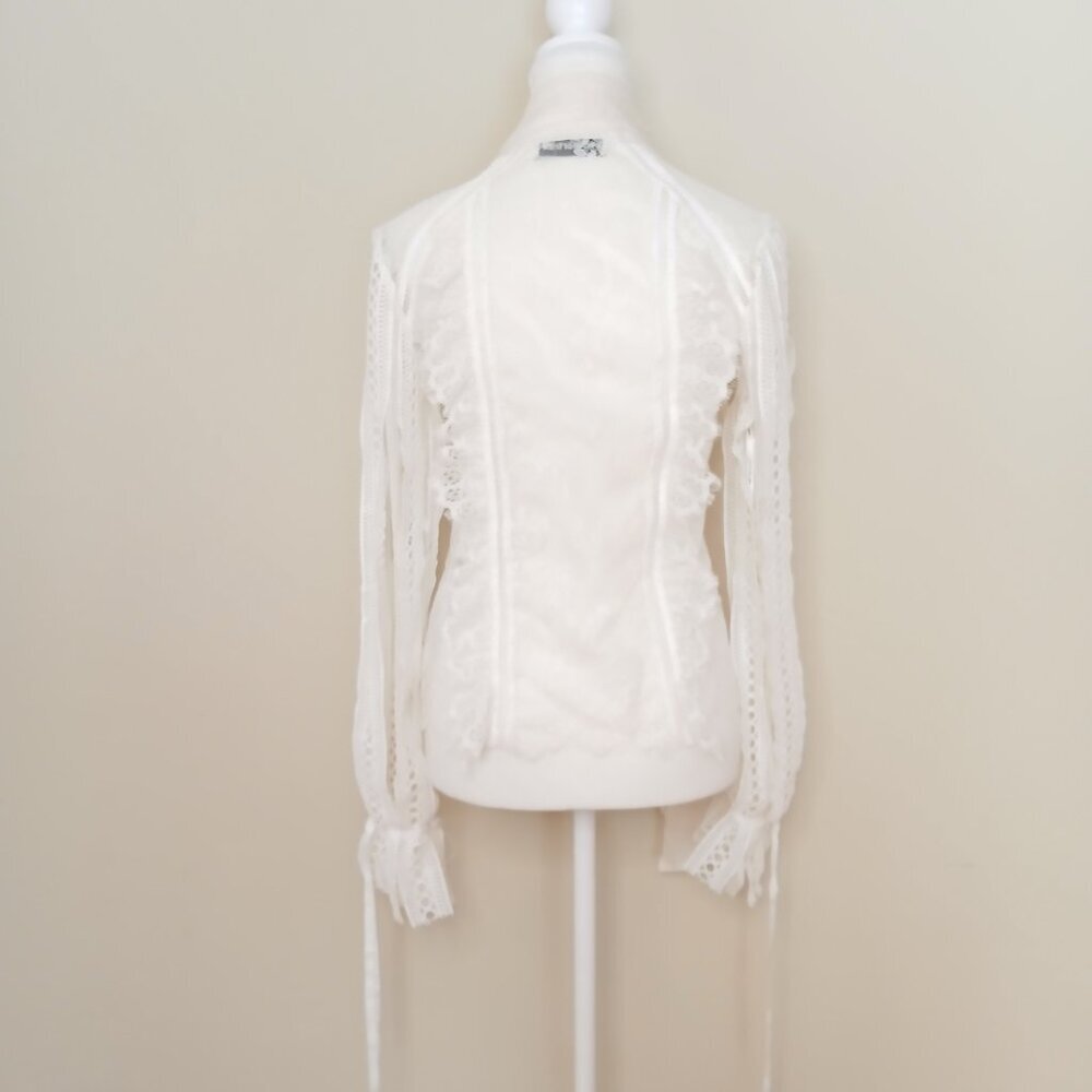 Self Portrait Victorian Romantic Sheer Draped Sleeve Lace Paneled Blouse Size 2 - Picture 11 of 14